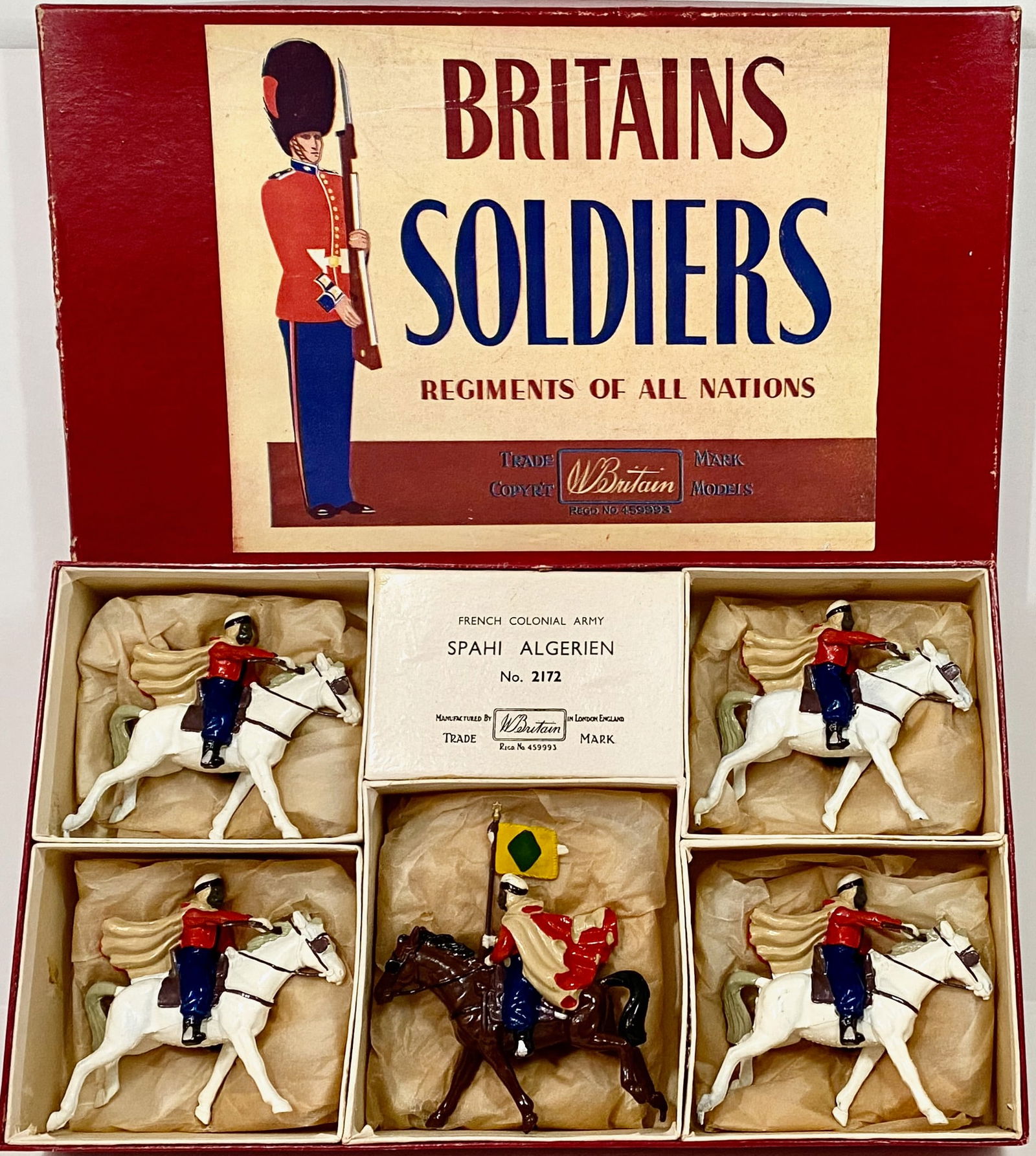 Britains #2172 Algerian Spahis: Scarce post war set. Circa 1959. 5 pieces. Near mint to excellent condition (rifle butt bent). Box excellent.