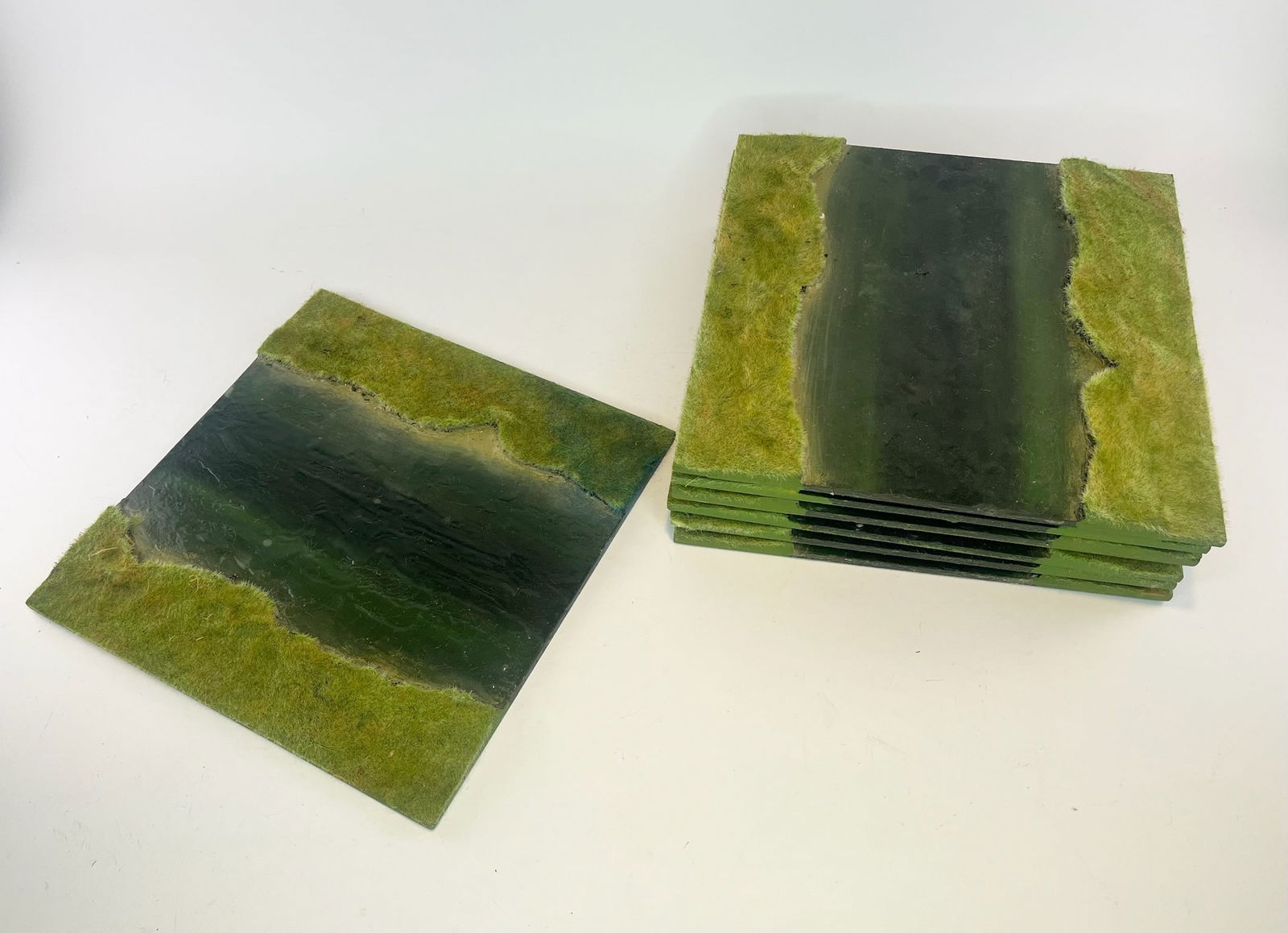 River Straight Diorama Baseplates: Unknown Maker. 7 12x12 inch plates. Condition Very Good. No Box.