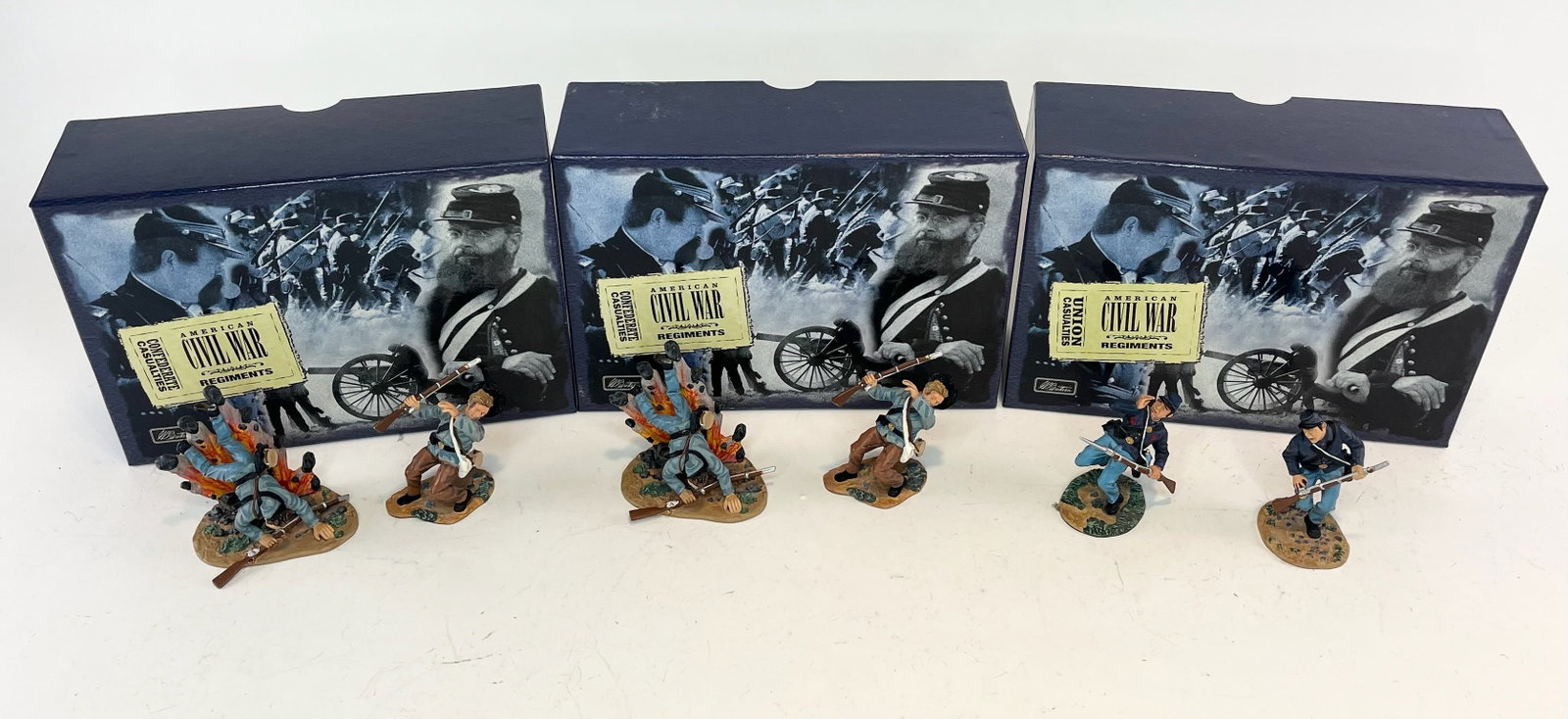 Britains Confederate and Union Casualties Sets: Includes 2 of Set 17291 Regiment - Confederate Casualties, 2 Pieces Each Set. 1 Set 17290 Regiment - Union Casualties, 2 Pieces. 6 Pieces Total. Condition Excellent. Boxes Excellent.