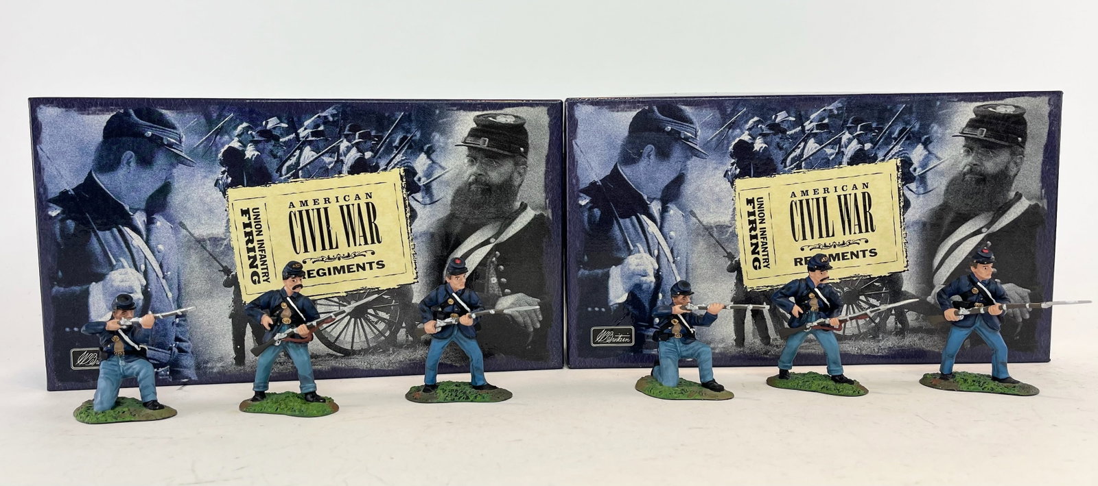 Pair of Britains Set 17015 Union Infantry Firing: 3 Pieces each set. 6 Pieces Total. Condition Excellent. Boxes Very Good.