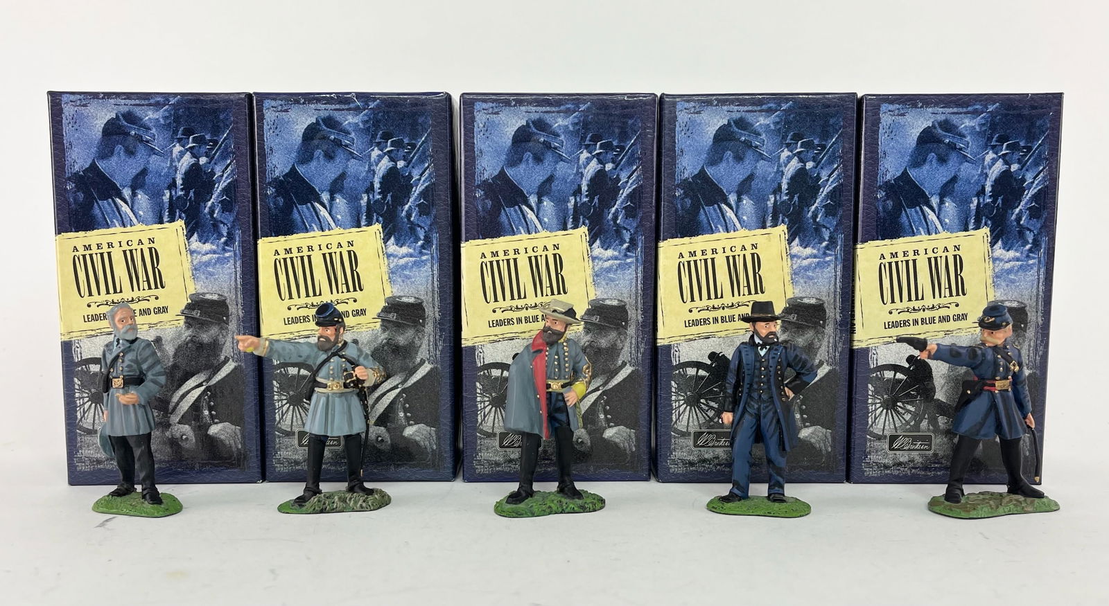 Britains Civil War Leaders Assortment: Includes Sets 17006 Robert E. Lee, 17007 Stonewall Jackson, 17008 Jeb Stuart, 17009 Ulysses S. Grant, and 17010 Joshua Chamberlain. 5 Pieces. Condition Excellent. Boxes Very Good.