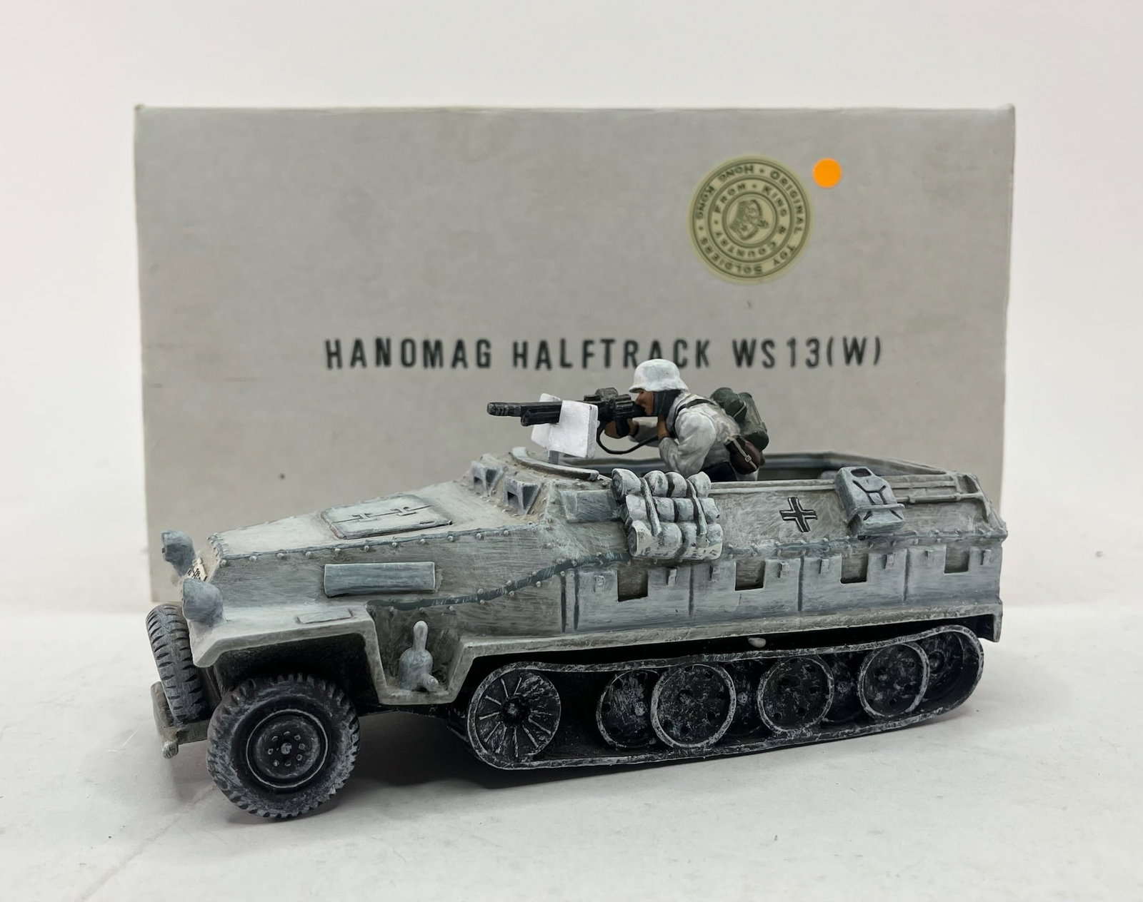 King & Country WS013(W) Winter Hanomag Halftrack: with Crouching Machine Gunner. 2 Pieces. Condition Excellent. Box Fair.