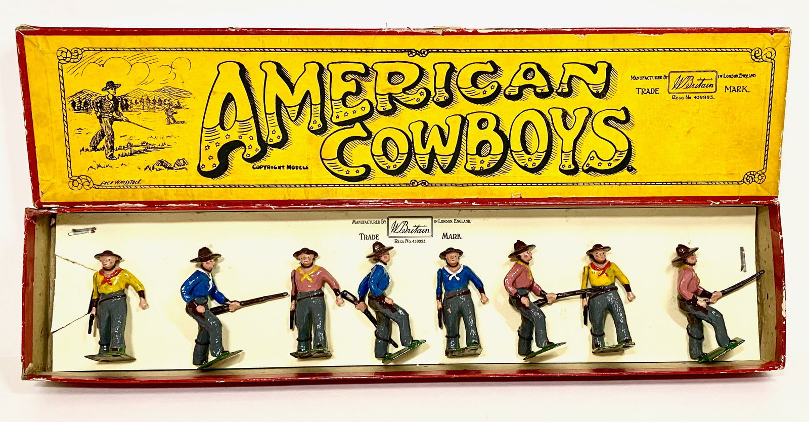 Britains #183 American Cowboys: Armed with rifles and pistols. Pre war. 8 pieces. Excellent condition, retied in Whisstock illustrated label box. Box in good condition.