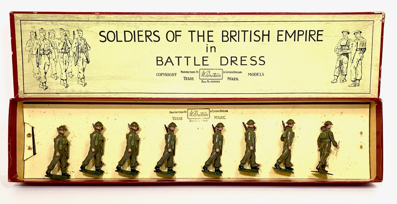 Britains #1858 British Infantry, Battle Dress: Early post war issue. 8 pieces. Excellent condition, retied to card in "Soldiers of The British Empire" label box. Box very good.