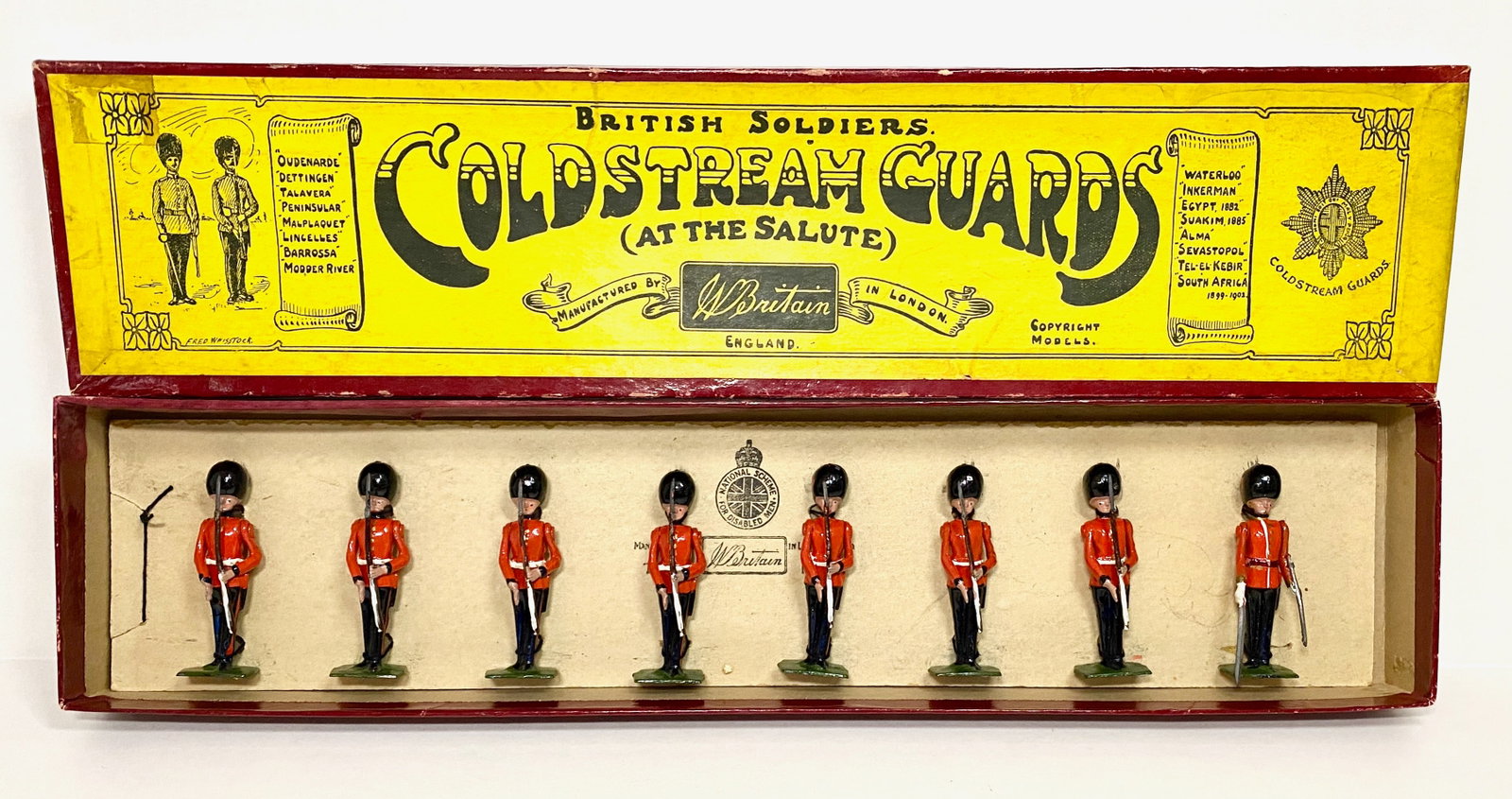 Britains #205 Coldstream Guards (Salute): Pre war. 8 pieces. Mint to near mint condition. Whisstock label box excellent.