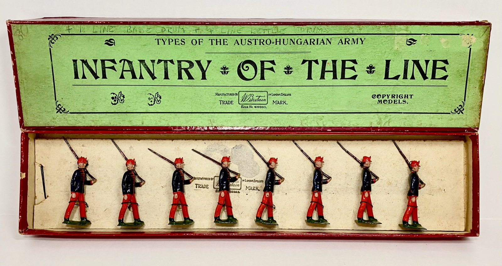 Britains #177 Austro-Hungarian Infantry: Pre war issue. 8 pieces. Pristine condition. Printers label box in fair condition (writing on top label).