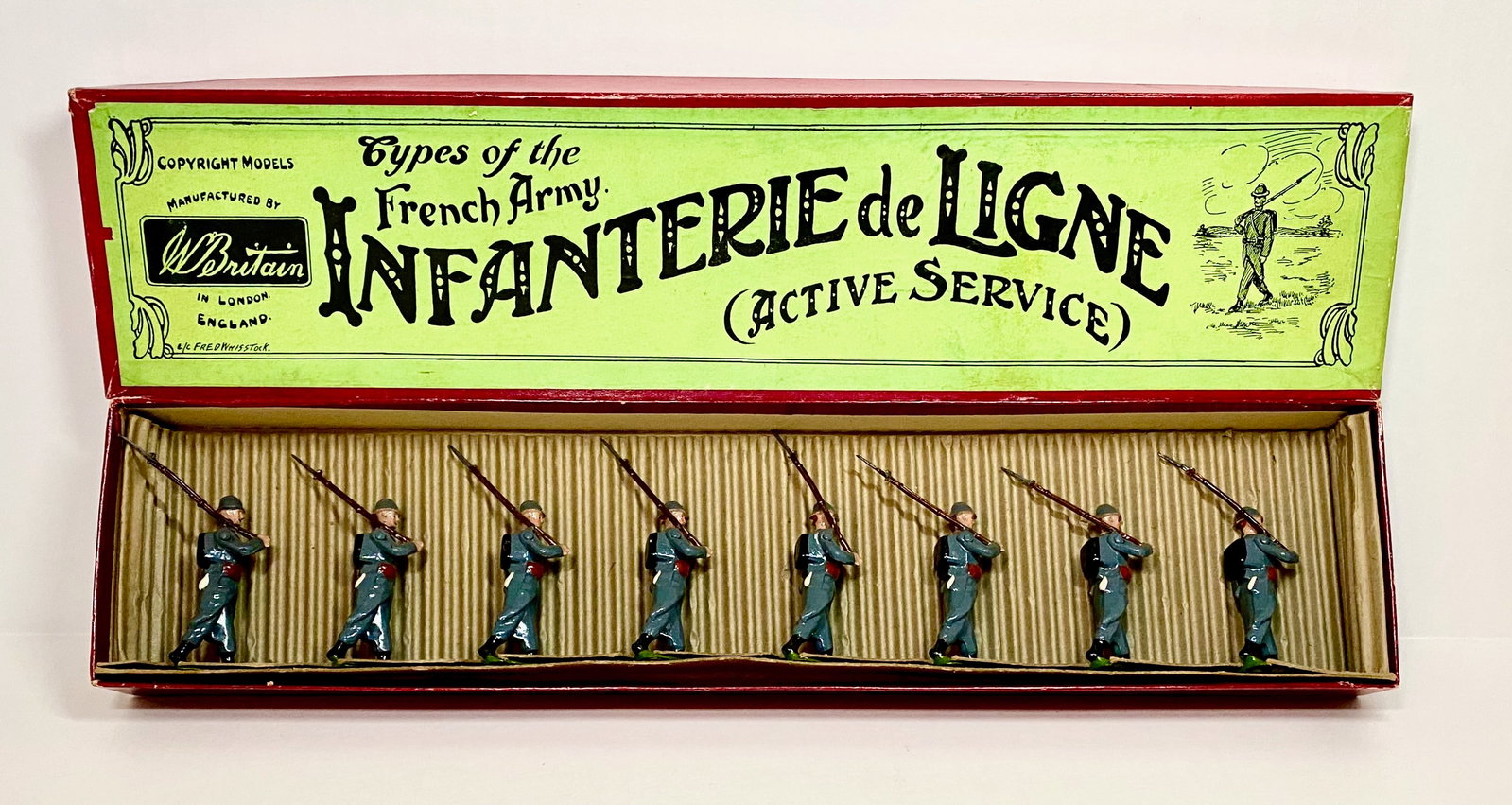 Britains #192 Infanterie de Ligne Active Service: Pre war issue. 8 pieces. Near mint condition. Whisstock label box, excellent.