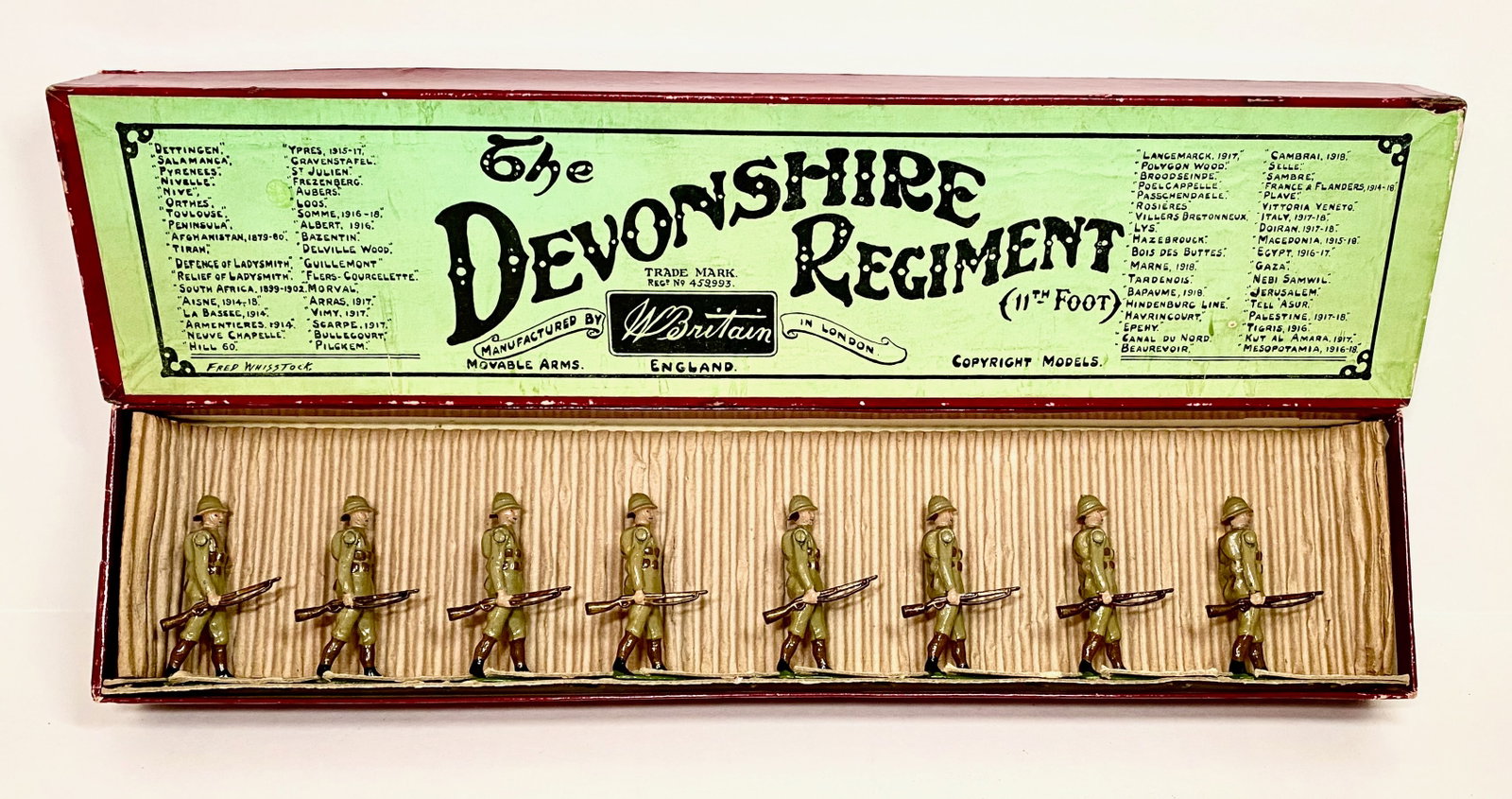 Britains #110 The Devonshire Regiment 11th Foot: Pre war issue. 8 pieces. Pristine condition. Whisstock label box excellent.