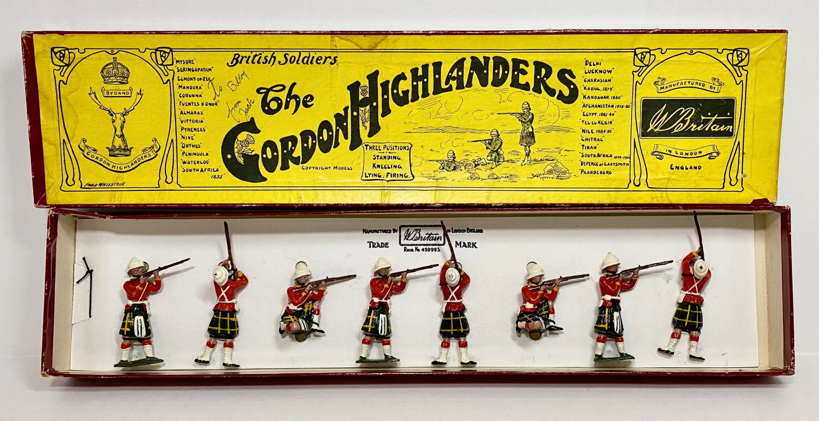 Britains #157 The Gordon Highlanders Firing: Pre war issue. 8 pieces. Retied to replacement card in box. Box in fair condition (writing on top label).