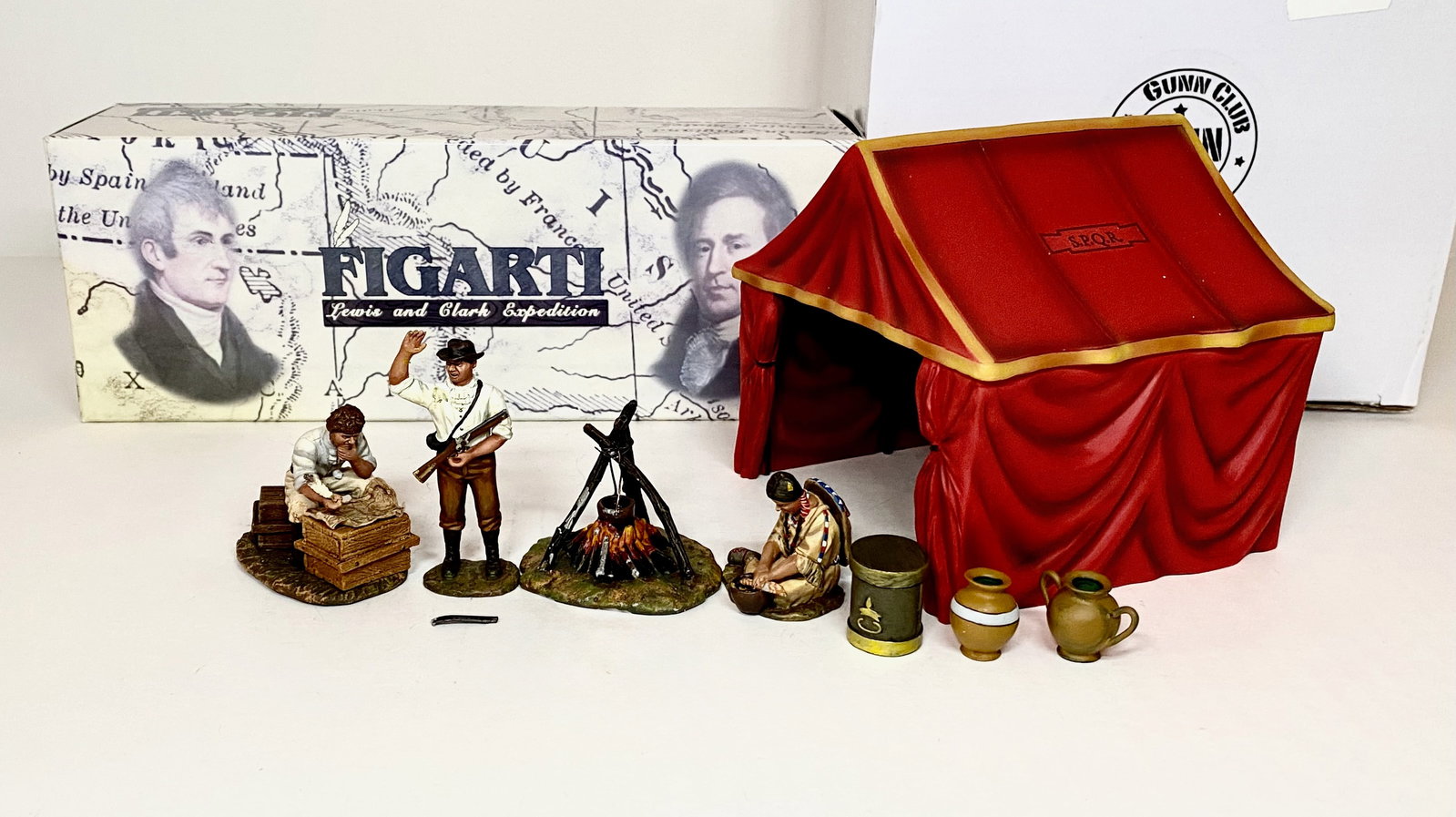 Figarti Lewis & Clark Set: With Thomas Gunn Lewis & Clark Tent. One broken rifle, the rest in mint to near mint condition. Boxes excellent to very good.