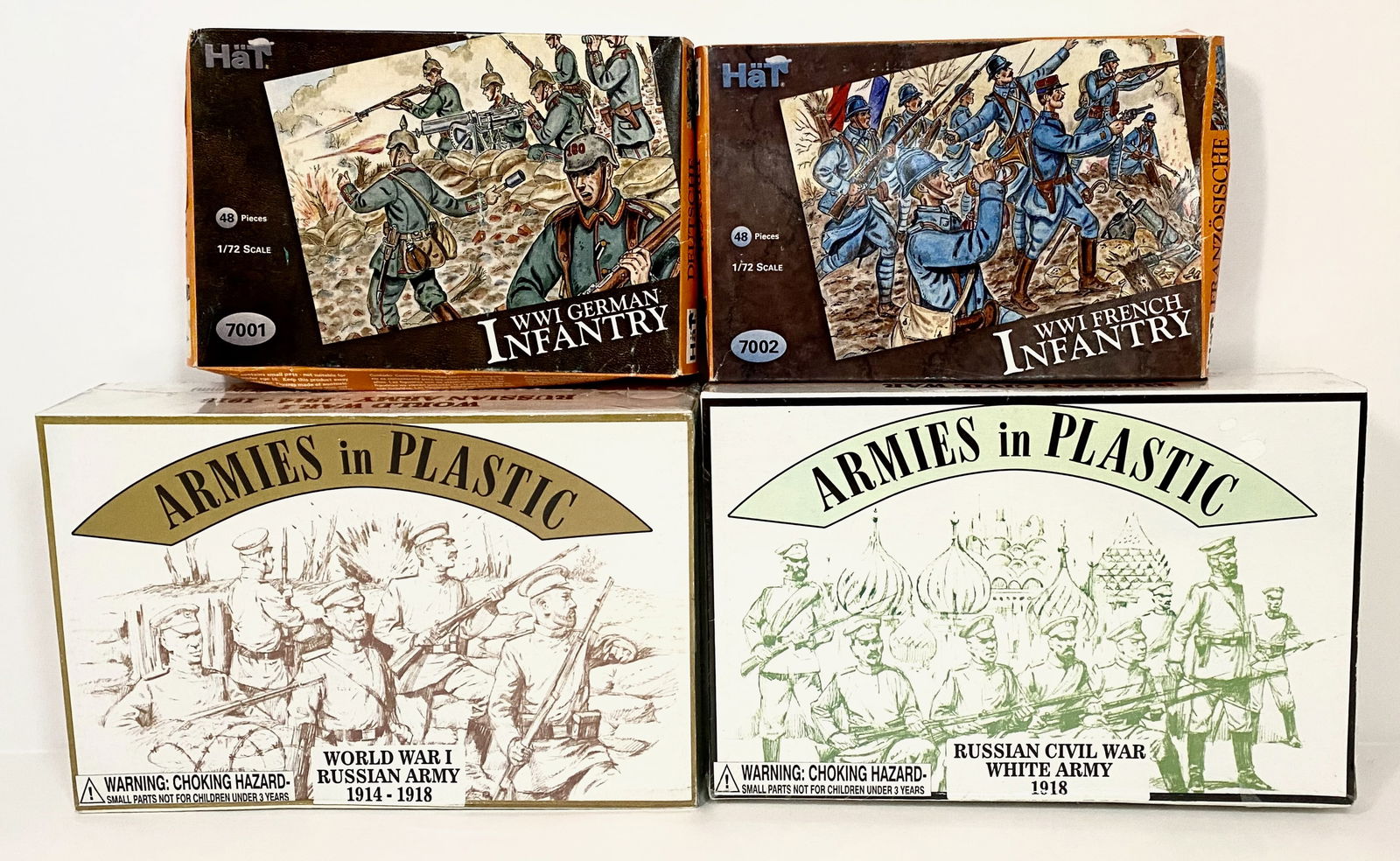 Assorted Plastic Armies: HAT WWI French & German WW1 48 piece sets (1:72 scale), and Armies in Plastic WW1 Russian Army, and Russian Civil War 20 piece sets (54mm scale). Mint condition. Boxes excellent.