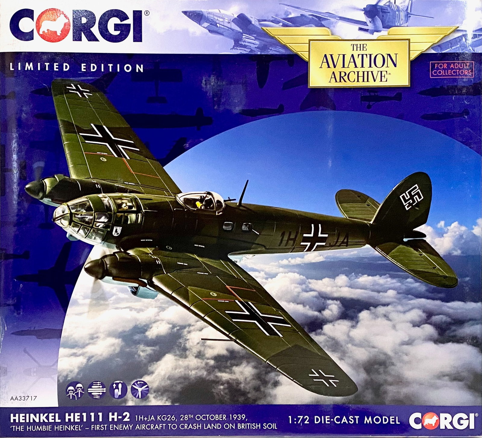 Corgi Heinkel He111 H-2 "The Humbie Heinkel": First enemy aircraft to crash land on British soil. Mint condition. Box excellent.