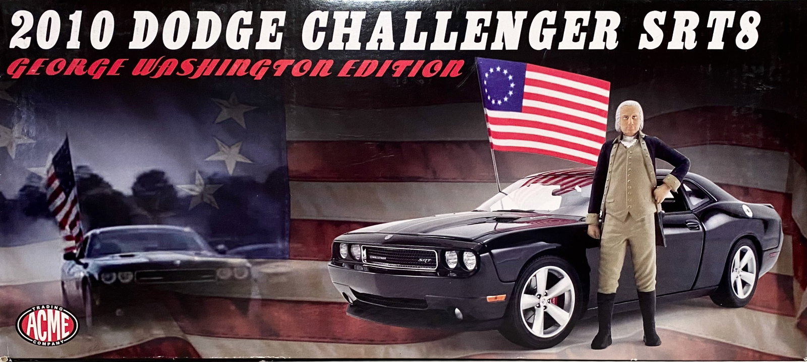 ACME Diecast 2010 Dodge Challenger SRT8: "George Washington Edition", with Flag & 3" George Washington plastic figure. 1/18 scale. Mint condition. Box excellent.