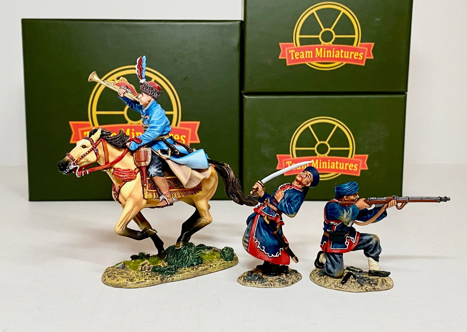 Team Miniatures, Russo Japanese War Figures: With Mounted Trumpeter. 3 pieces. Mint condition. Boxes excellent.