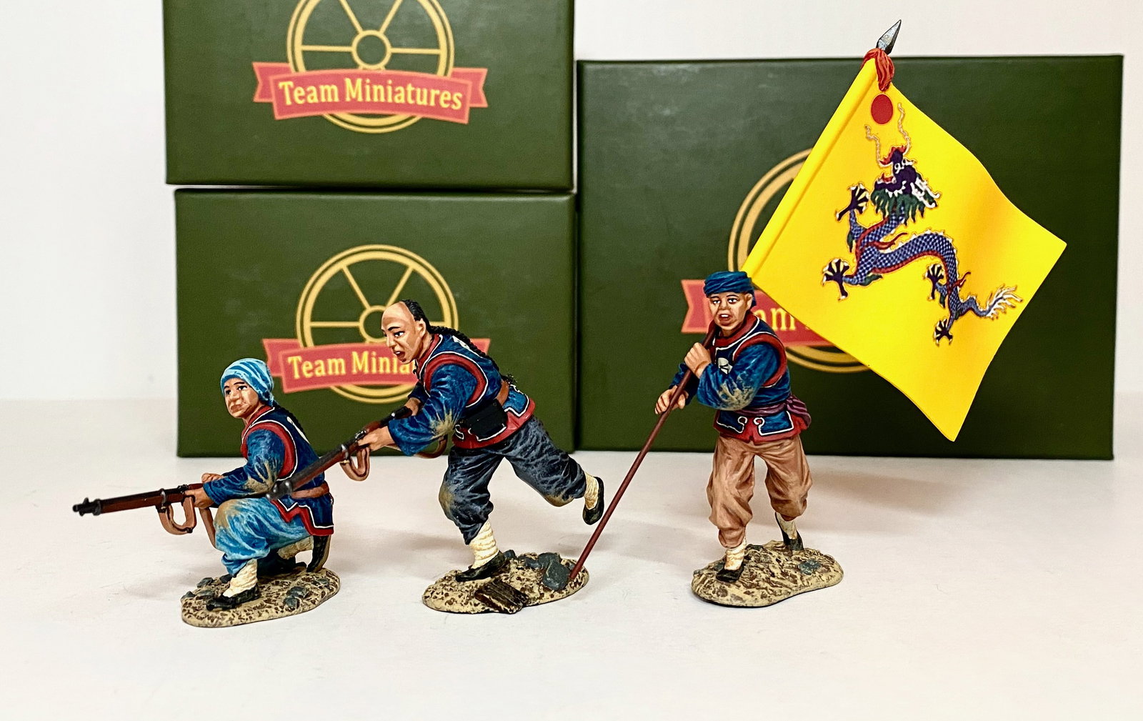 Team Miniatures, Russo Japanese War Figures: 3 pieces. Mint condition. Boxes excellent.