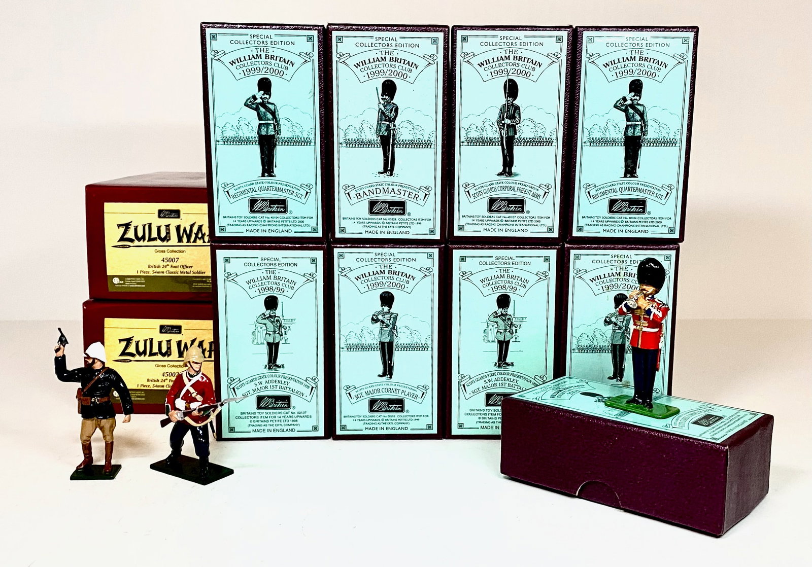 Britains Assorted Figures: Zulu Wars & Special Collectors Editions Scots Guards. 11 pieces. Mint condition. Boxes excellent.