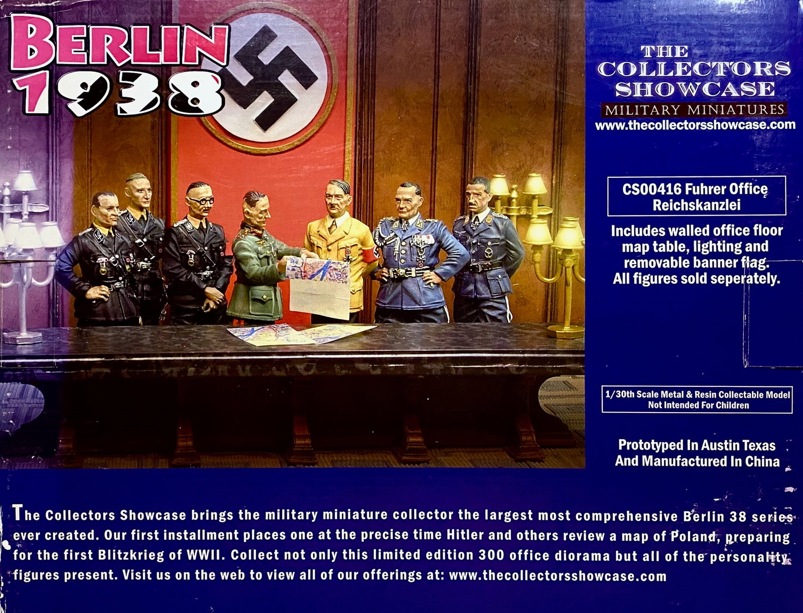 Collectors Showcase Fuhrer Office Reichskanzlei: Includes walled office floor, map table, lighting and removable banner flag. Figures are not included in the set, but were sold separately from Collectors Showcase. Mint to near mint condition, box ve