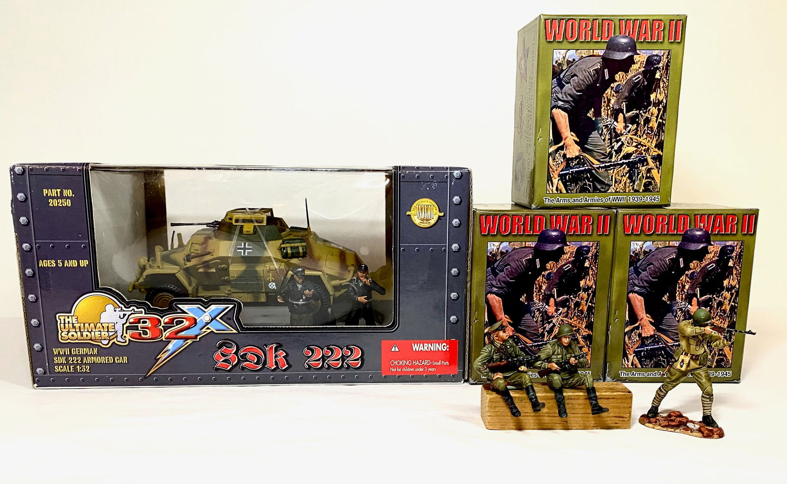 Ultimate Soldier & First Legion WW2 Assortment: Ultimate Soldier German SDK222 Armored Car with two SS figures. First Legion WWII Russian Soldiers. 6 pieces. Mint condition. Boxes excellent.
