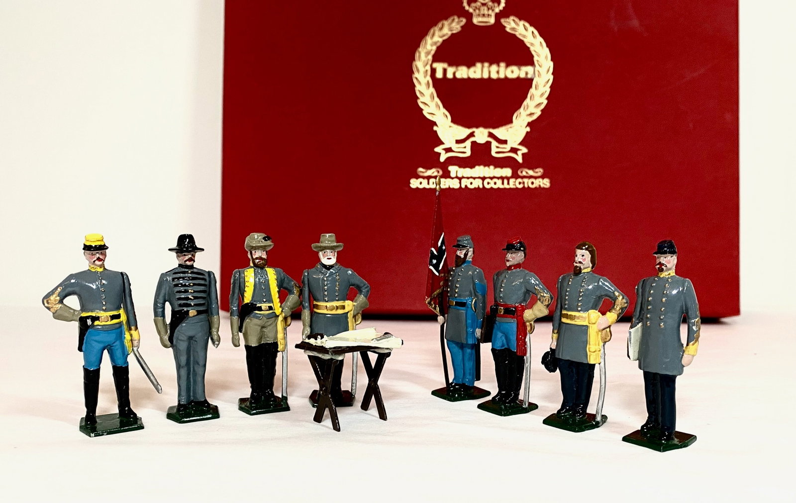 Tradition Robert E. Lee and His Generals: 9 pieces. One missing sword, others in near mint to excellent condition (table legs loose from desk). Box excellent.