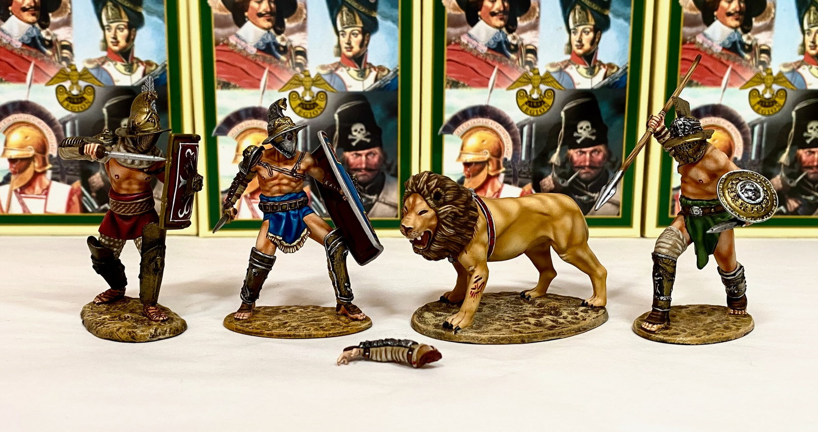 First Legion Roman Series Figures: Gladiators and Lion with a Gladiator arm. 5 pieces. Mint to near mint condition. Boxes excellent.