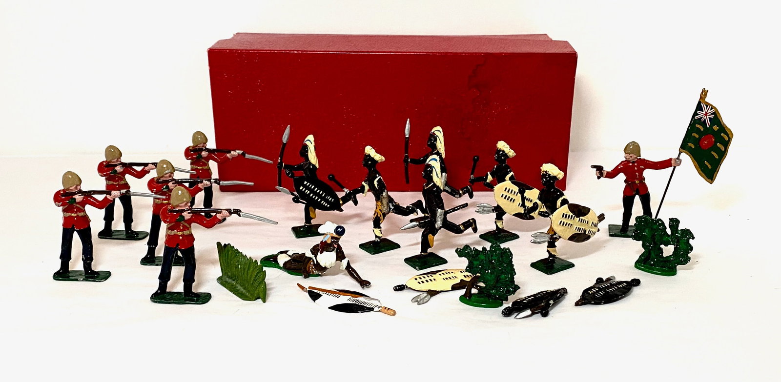 Blenheim Zulu Wars Figures & Accessories: With one Trophy Wounded Zulu. 16 pieces. Three loose shields, the rest in Near mint to excellent condition. Comes with an unlabeled box.