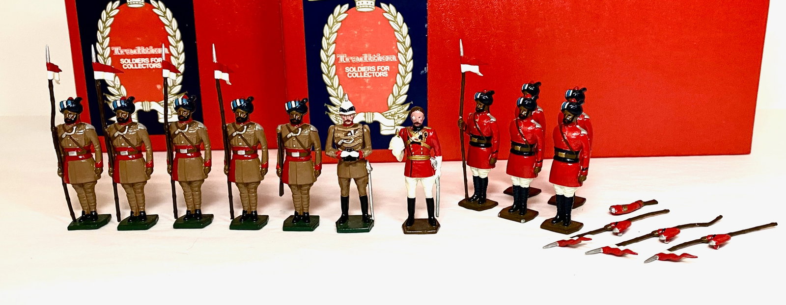Tradition Boxed Sets: #44 Corps of Guides Cavalry, and #47 Regiment of Bengal Lancers. 12 pieces. 4 loose arms, others in Mint to near mint condition. Boxes excellent.