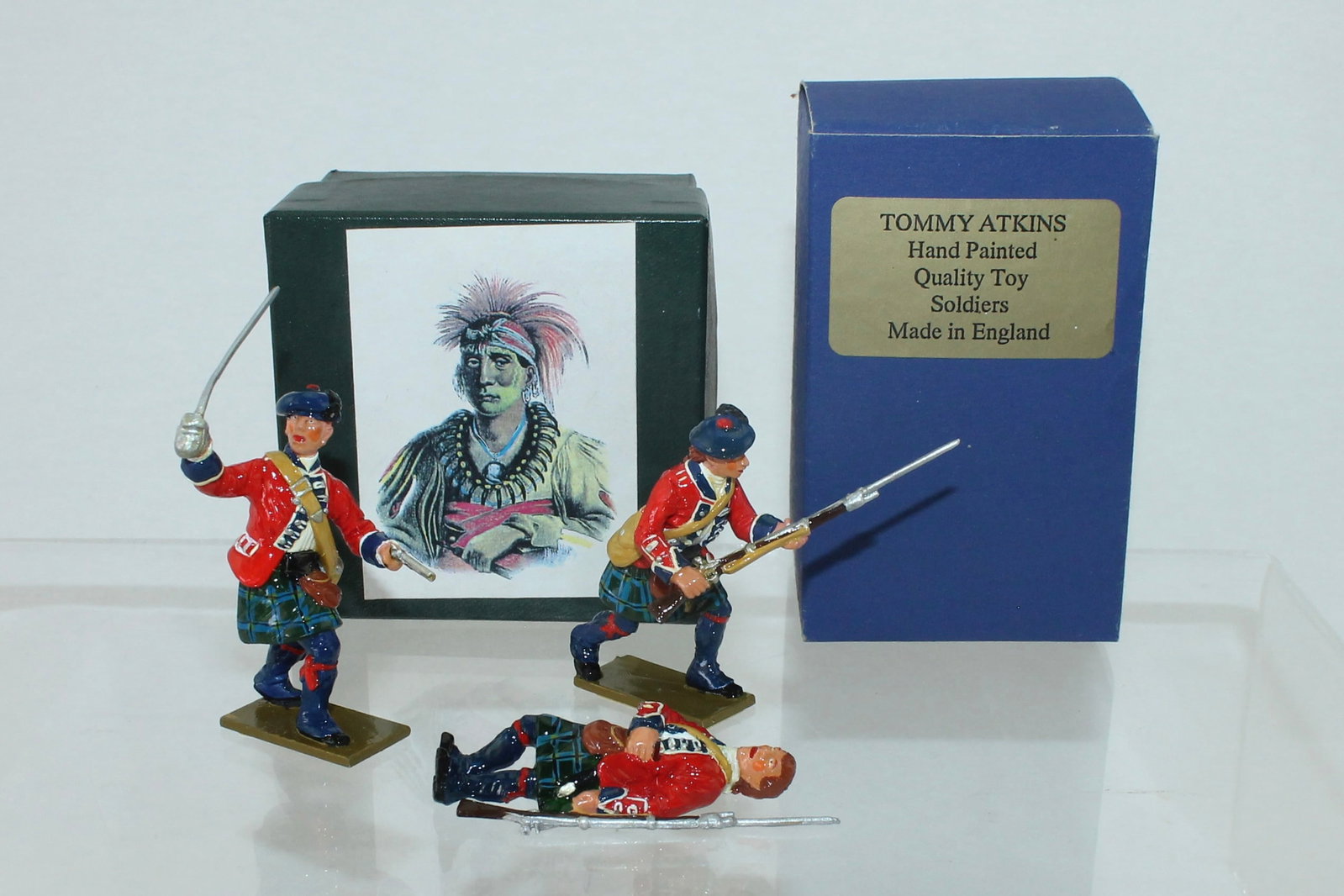 Tommy Atkins Lot Highlanders in Battle: French and Indian War. Lot includes British Highlander Officer Advancing with Sword, Trooper Advancing with Rifle and 1 Casualty. 3 Pieces. Condition Excellent. Boxes Very Good.