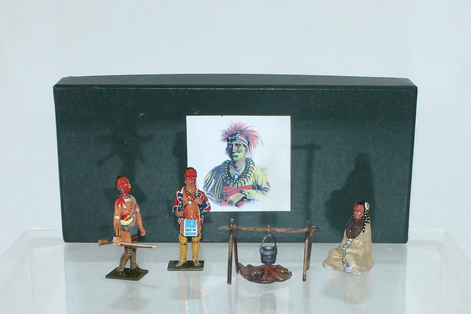 Tommy Atkins Lot Native American Encampment: French and Indian War. Lot includes Seated Brave, 1 Brave with Rifle, 1 Brave Wearing British Jacket and Campfire. 5 Pieces. Condition Excellent. Box Very Good.