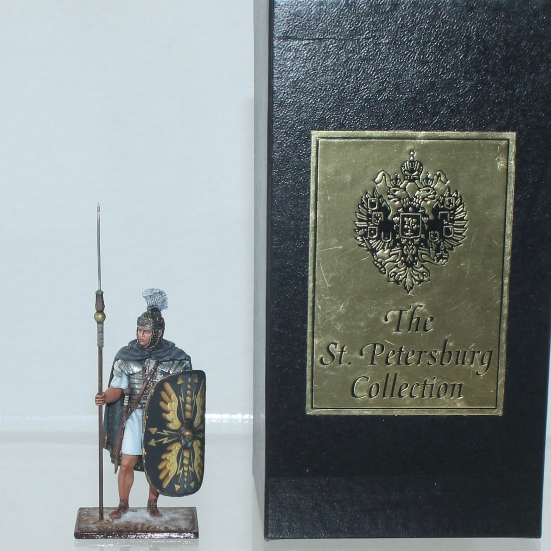 Aero Art Russian Praetorian Guard with Pilium: St. Petersburg Collection. 6227 on Underside of Base. 1 Piece. Oxidation to Paint. Discoloration on Base at Feet. Condition Very Good to Excellent. Box Very Good.
