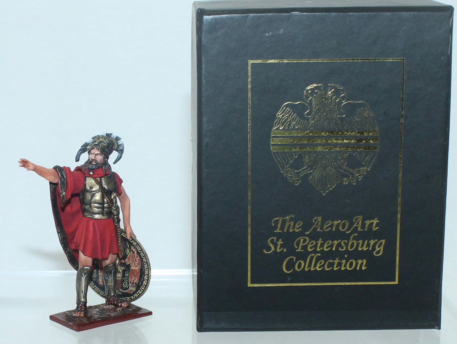 Aero Art Spartan King Leonidas with Shield: St. Petersburg Collection. 3315 on Underside of Base. 1 Piece. Condition Very Good to Excellent. Box Very Good.