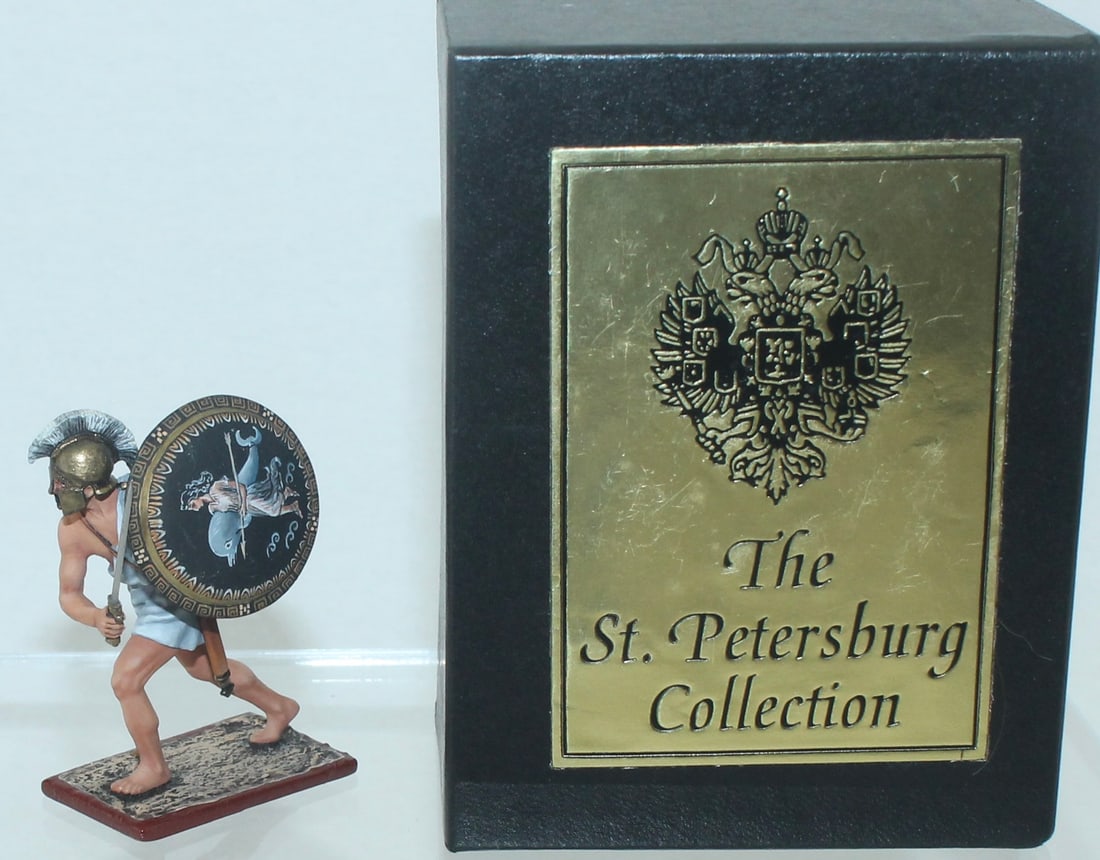 Aero Art Greek Warrior Advancing: St. Petersburg Collection. Aspis with Goddess and Dolphin. 3771 on Underside of Base. 1 Piece. Condition Very Good to Excellent. Box Very Good.