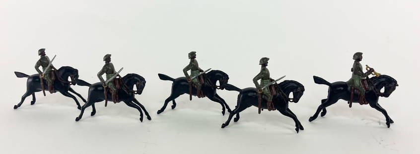 Britains Very Rare Indian Army: Very Unusual Indian Army Figures with Shrapnel Proof Steel Helmets. Produced 1940-41. Figures Embossed Made in England by Britains. 4 Troopers with Sword at the Ready and Officer with Bugle. 5 Pieces.