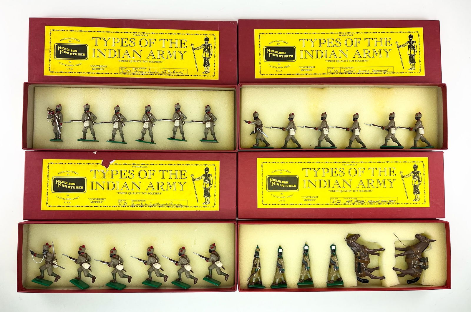Nickolson Types Of The Indian Army Set Assortment: Includes Sets I-54 Queen's Guides at the Ready, I-55 Queen's Guides Advancing, I-58 Queen's Guides Fixed Bayonets Charging, and I-72 40th Pathan Machine-Gun Mule. 24 Pieces. Condition Excellent, I-58