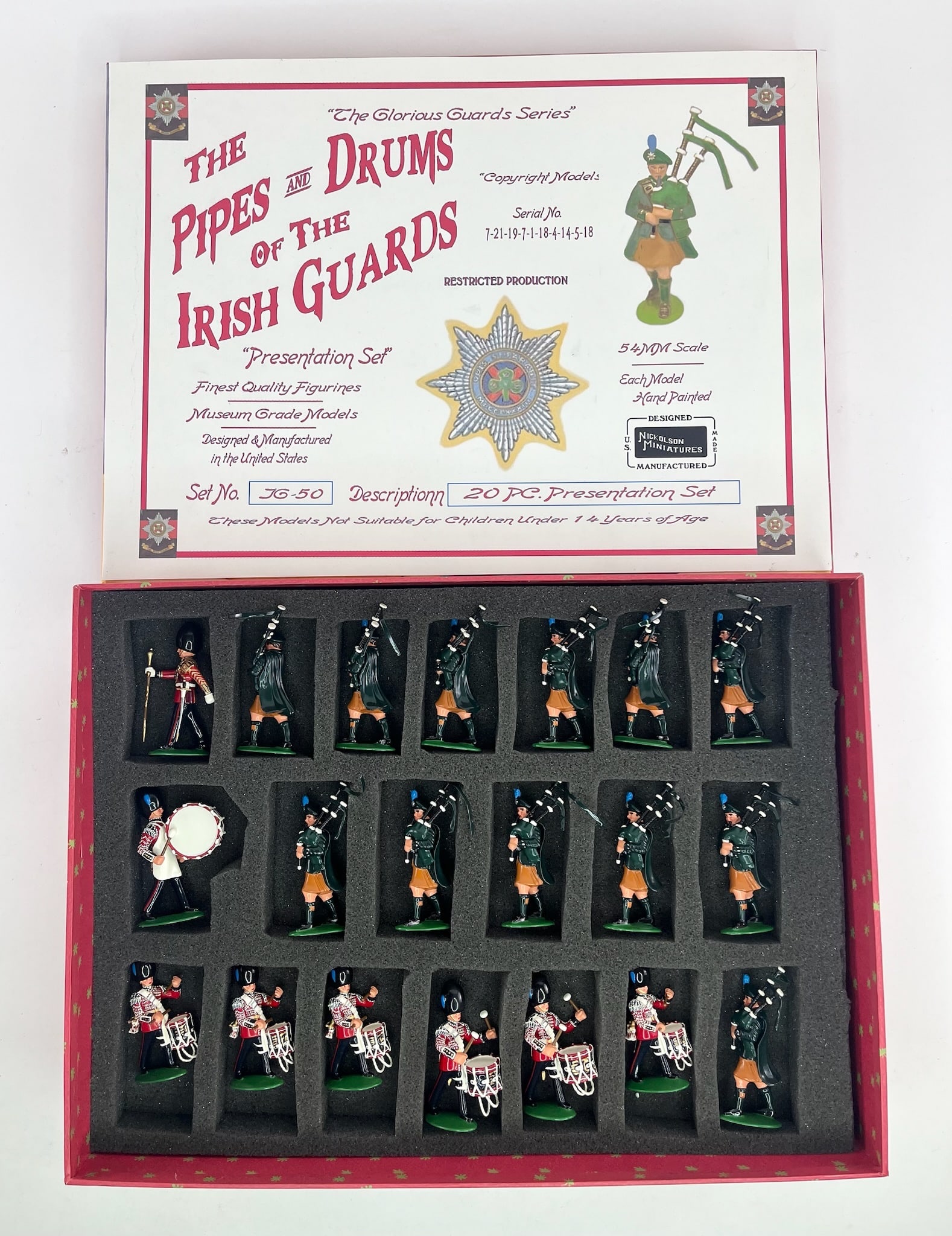 Nickolson The Pipes & Drums of the Irish Guards Se: JG-50 Presentation Set. 20 Pieces. Condition Excellent. Custom Box Label Detached.
