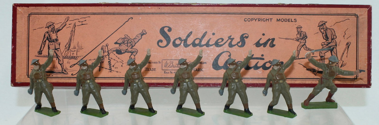 Britains From 1612 British Infantry Gas Masks: Throwing Grenades. Pre War. 7 Pieces. Set Lacks One Man. Condition Excellent. Box Good. Lacking Tie Card.
