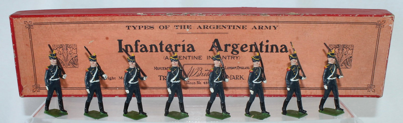Britains Set 216 Argentine Infantry: Made 1946-48 only. Scarce. 8 Pieces. Condition Excellent. Box Good to Very Good. Lacks Slip Tray.
