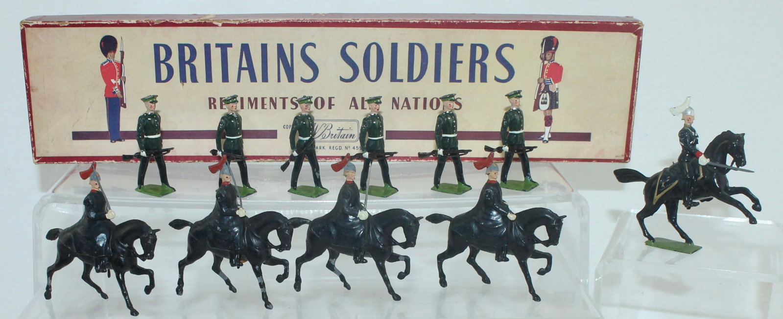 Britains Lot Guards and Infantry: Lot includes Officer From Set 1631 Canadian Governor Generals' Horse Guards, 6 Troopers From Set 2088 Duke of Cornwall's Light Infantry and Officer and 3 Troopers From Set 1343 Royal Horse Guards, "Th