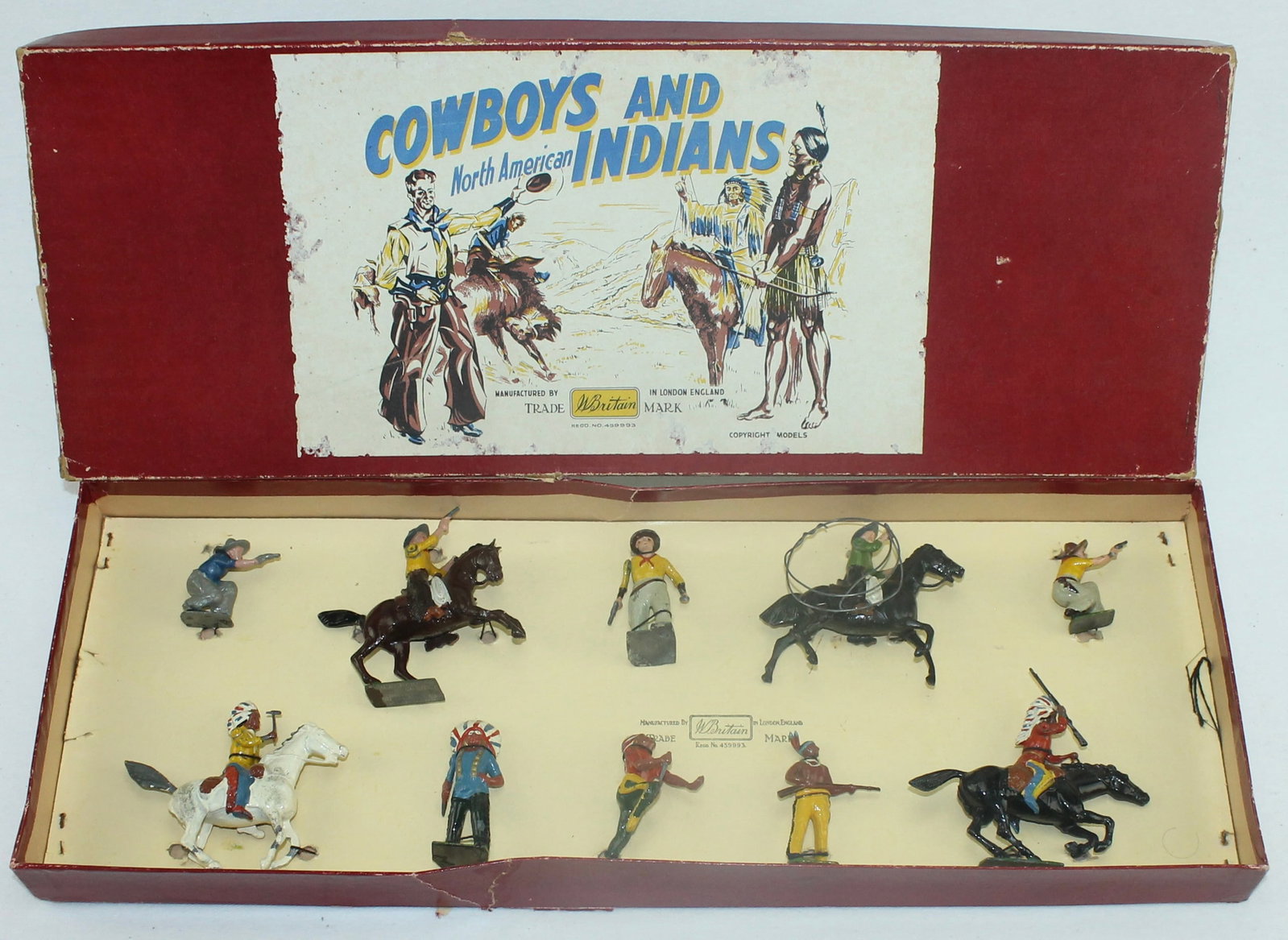 Britains Set 272 Cowboys and Indians: Mounted and Foot. Retied in Box. 10 Pieces. Condition Excellent. Box Good.
