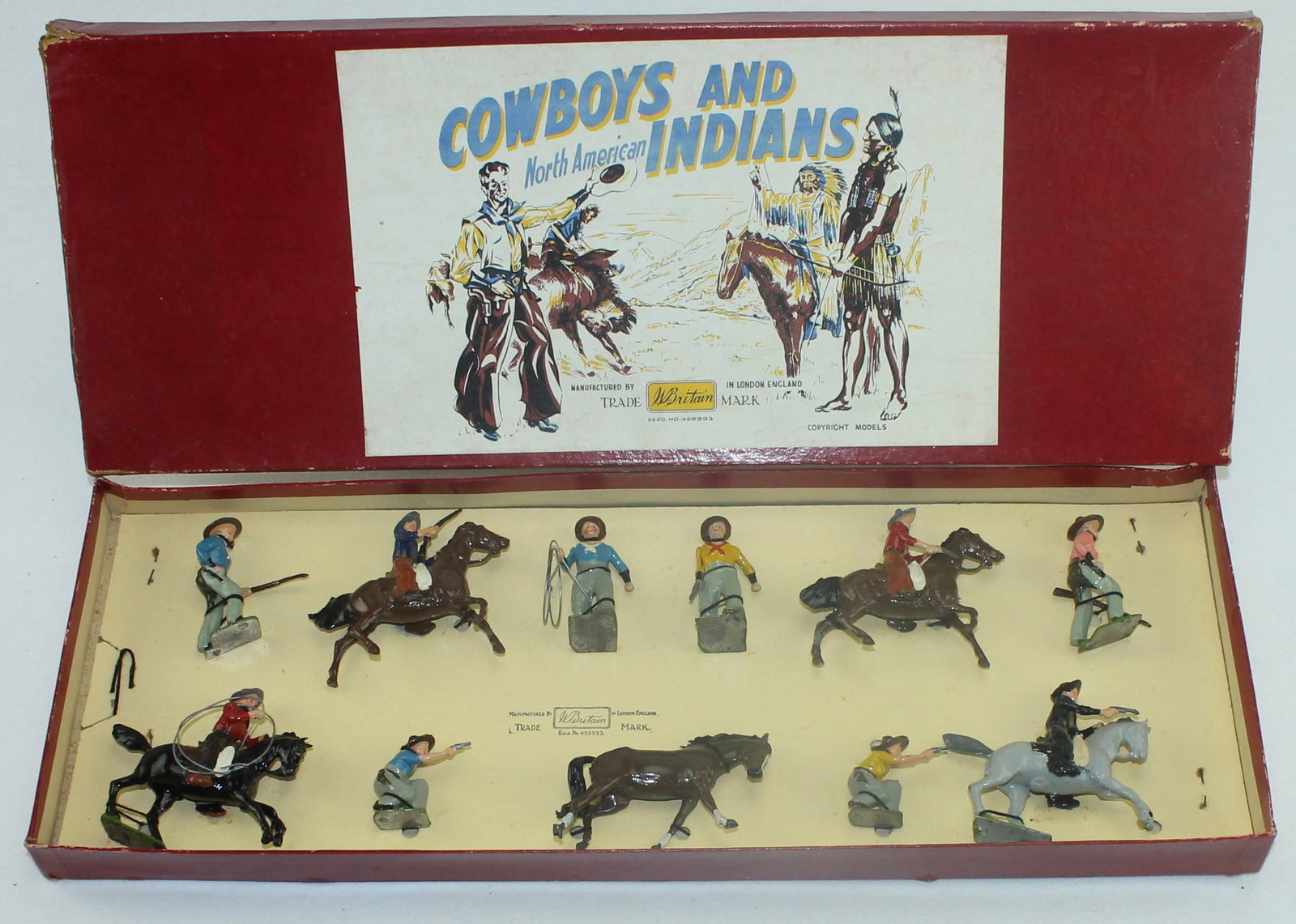 Britains Set 209 Cowboys Mounted and Foot: Retied in Box. 11 Pieces. Condition Excellent. Box Very Good.