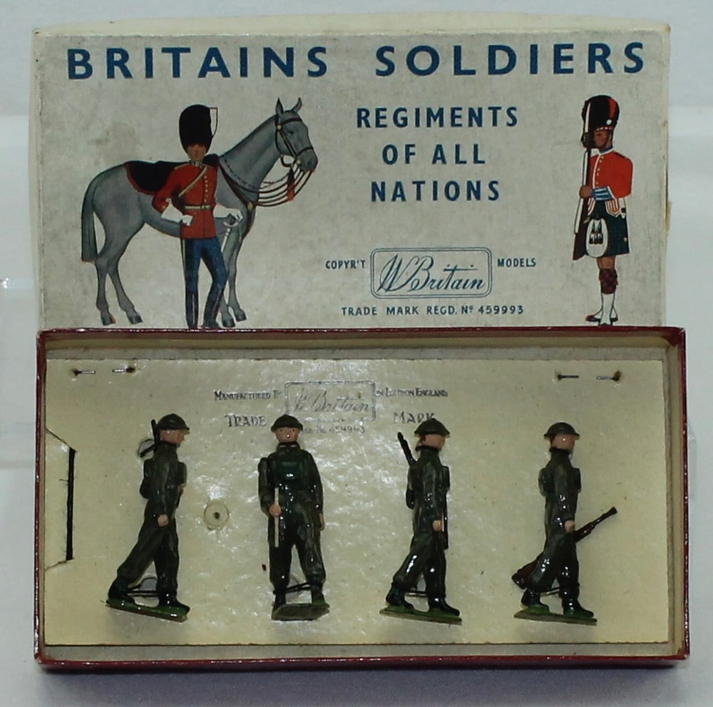 Britains Half Box 2130 British Infantry: In Battledress. Made 1957-59. Mint Tied in Box. 4 Pieces. Box Good to Very Good.