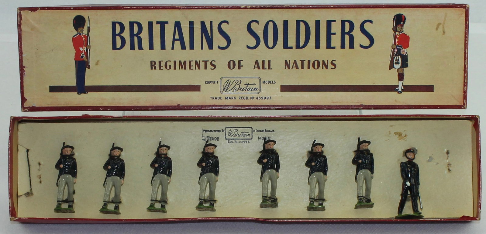 Britains Set 169 Italian Bersaglieri: Retied in Box. 8 Pieces. Condition Excellent. Box Good. Edgewear on Box Bottom.