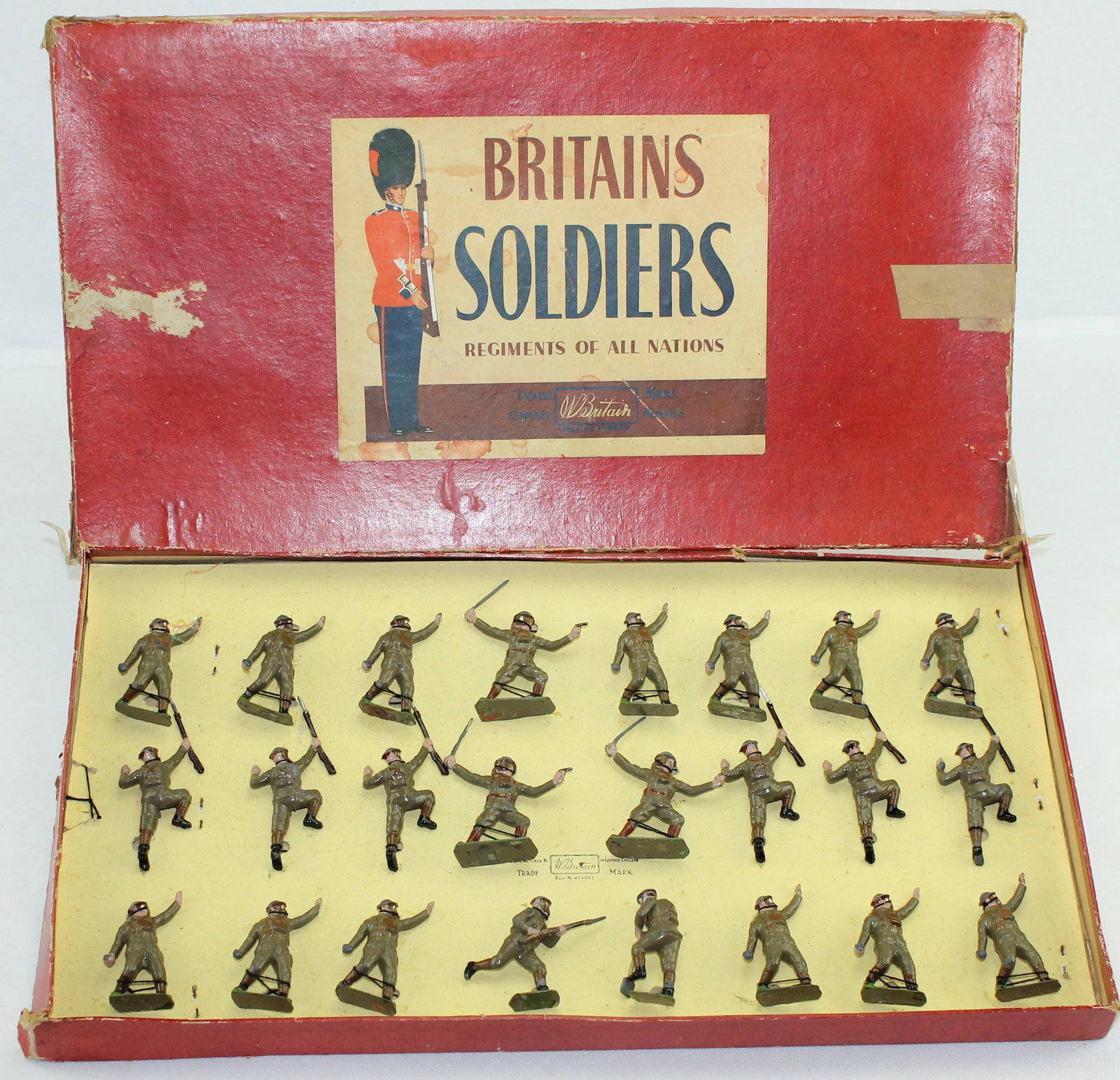 Britains Set 1614 British Infantry Gas Masks: Retied in Box. 24 Pieces. Condition Excellent. One Figure Good with Paint Wear. Box Fair. Sticky Tape Applied to Lid and Corners. Corners Split.