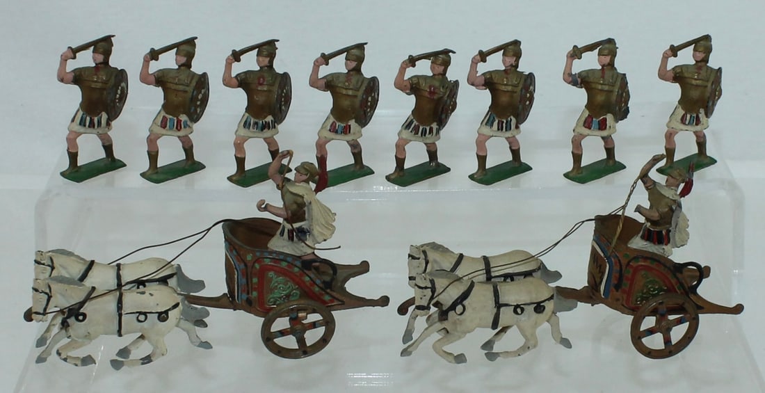 Johillco Lot Quo Vadis Chariots and Romans: Lot includes 2 Chariots, 2 Drivers and 8 Romans with Swords. Circa 1951. Issued with the Release of the Film "Quo Vadis", starring Robert Wagner. 12 Pieces. Condition Good to Very Good. No Box.