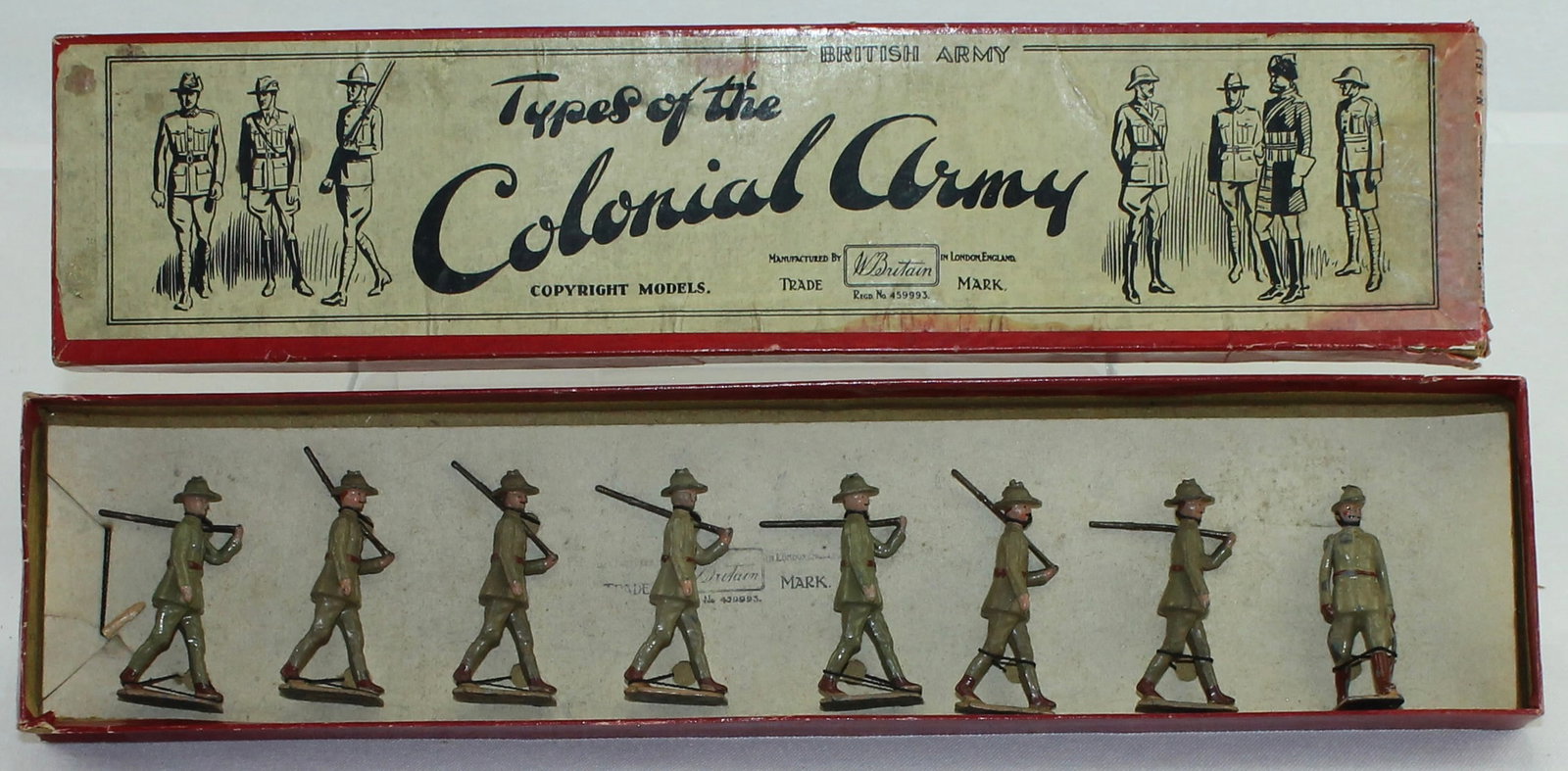 Biriains Set 1544 Australian Infantry: Pre War. Made 1937-41. Retied in Box. 8 Pieces. Condition Good to Very Good. Mismatch Paint. Box Fair to Good. Water Stain to Label.