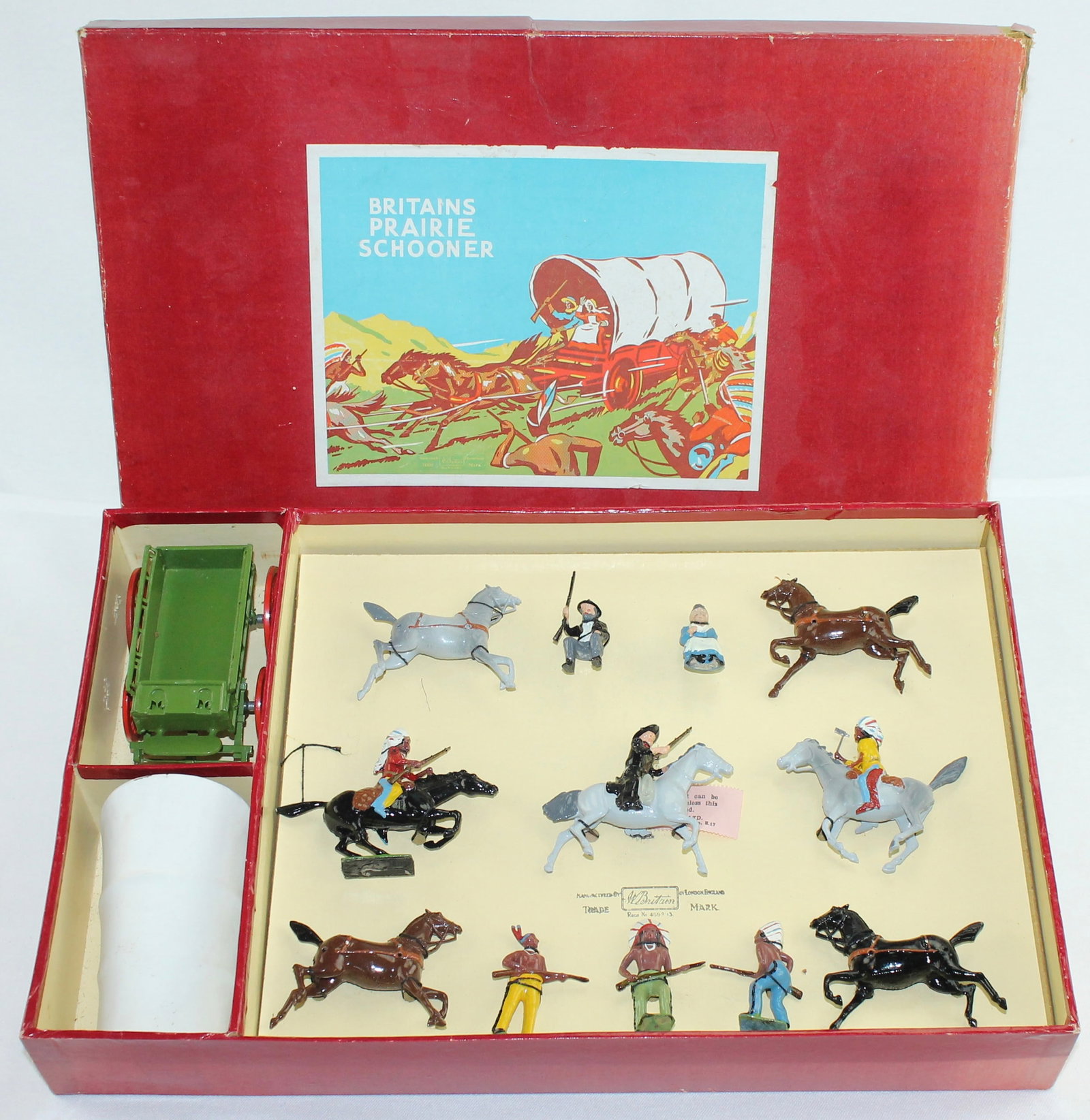 Britains Set 2042 Prairie Schooner with Escort: Includes Prairie Schooner, Escort and Attacking Indians. Made 1950-53. With Metal Canopy on Wagon. Mint Tied in Box. 13 Pieces. Box Good. Torn Corners.