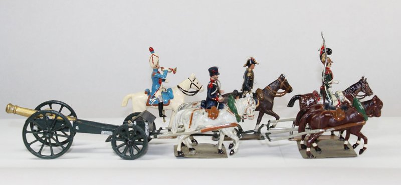 Mignot Napoleonic Caisson and Cannon: Mignot Napoleonic Caisson and Cannon with assorted Cavalry Good to Very Good condition No box 6 pieces