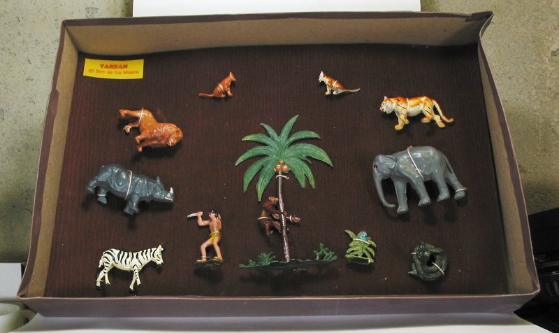EG Toys/Argentina Manufacturer VERY RARE Tarzan Display: EG Toys/Argentina Manufacturer VERY RARE Tarzan Display Set Tied in Original Box with Animals and Tree. Post War 12 Pieces.