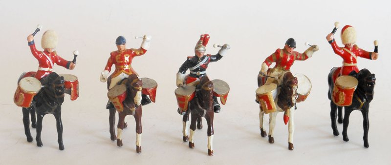 Wendal Aluminium Household Cavalry: Wendal Aluminium Household Cavalry French Cuirassier and Royal Scots Greys Kettle Drummers. Post War 5 Pieces Condition Excellent