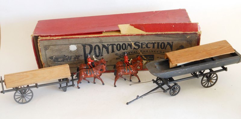 Britains From Set # 203 Royal Engineers: Britains From Set # 203 Royal Engineers Pontoon Wagon and 4 Horses (Missing Front Wheels, One Helmet Ball Missing) Wagon and wood sections with remains of Original Box Pre War 9 Pieces Unboxed Conditi