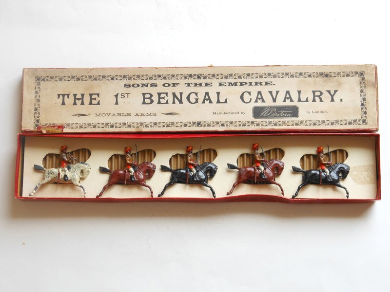 Britains Set # 47 1st Bengal Cavalry: Britains Set # 47 1st Bengal Cavalry with Original Illustrated Box & Retaining Card Pre War 5 Pieces. Condition Very Good, Box Good (Lid Split at 2 sides)